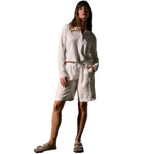 James Perse 2 Womens Large Pleated Linen Bermuda Shorts Natural Beige Relaxed